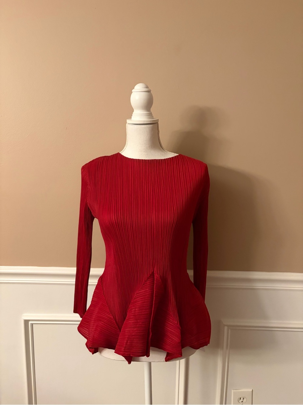 Miss Rosier Red Pleated Long-Sleeve Peplum Top
